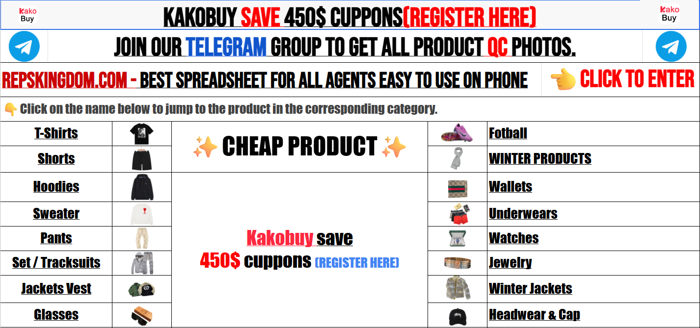 Kakobuy spreadsheet promo with Telegram QC group, coupon signup, and mobile-friendly spreadsheet preview